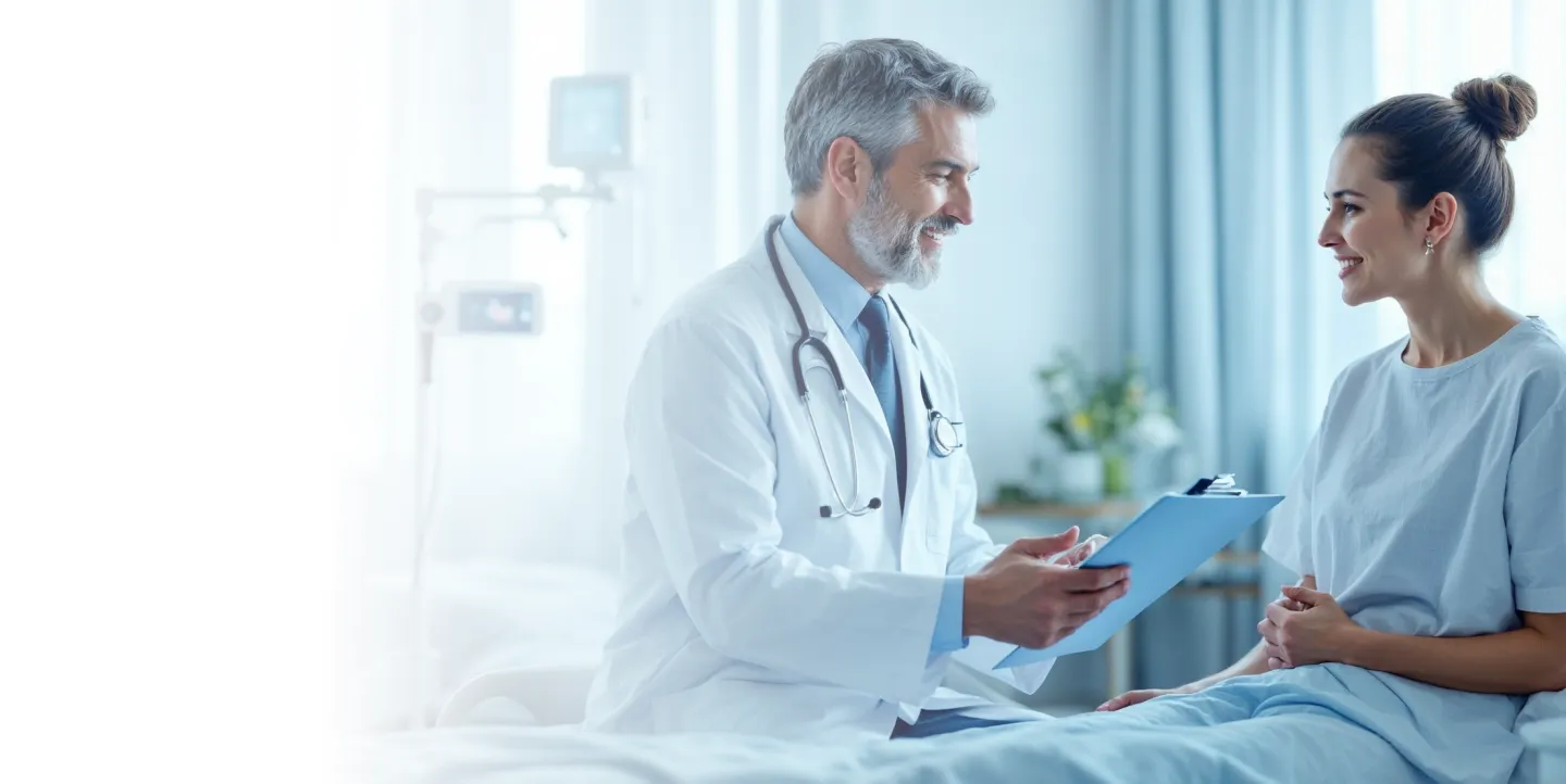 A happy doctor smiling in a clinic, representing quality healthcare services